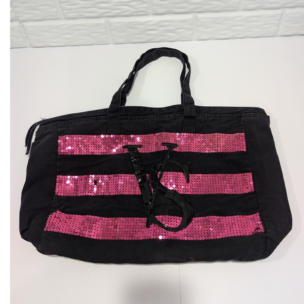 Vintage Y2K Victoria's Secret Black Canvas Pink Sequin Stripe Weekender Duffle